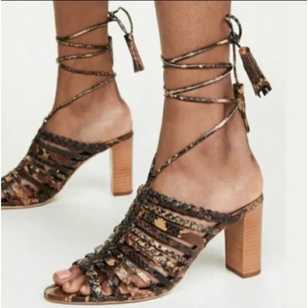 Ulla Johnson Rayna Snake-Print Leather Strappy Wooden Block Heel Sandals